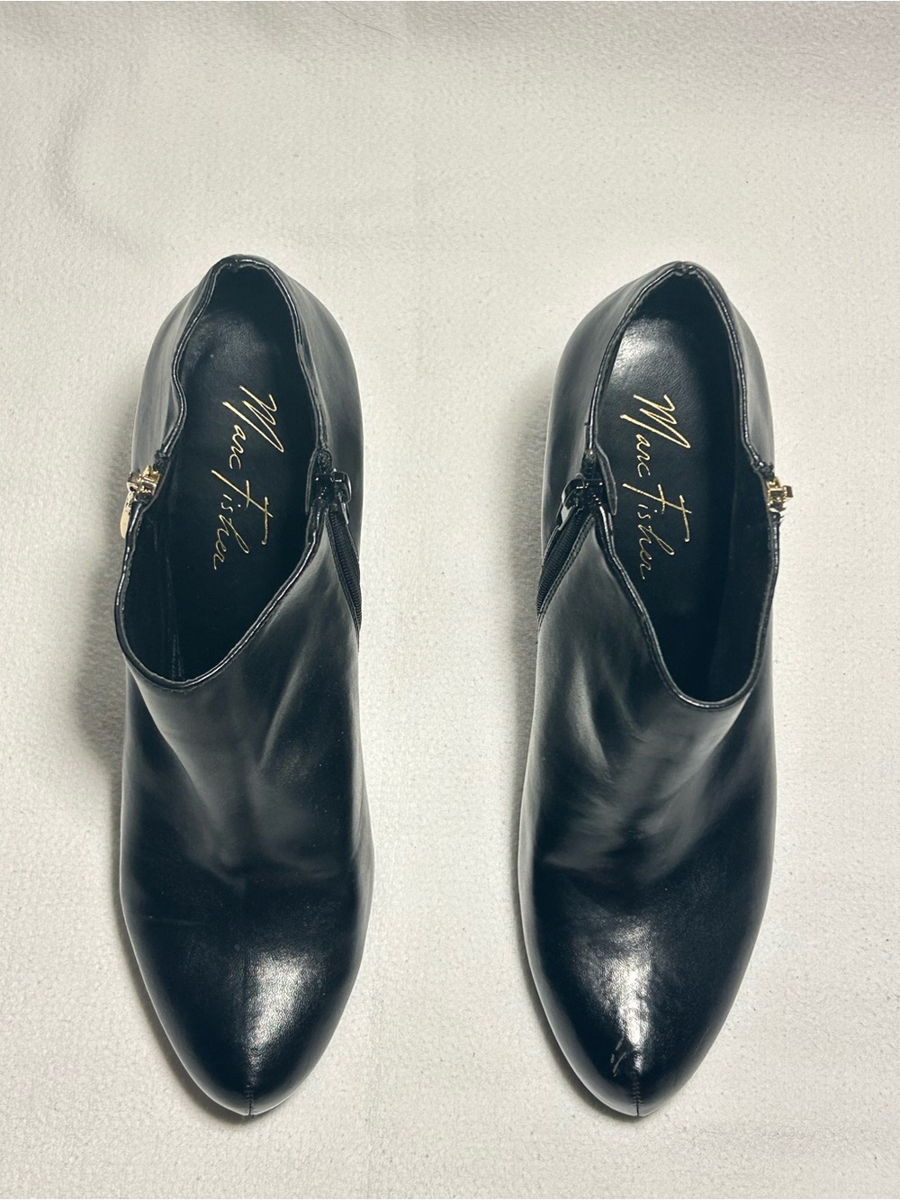 Marc Fisher Black Leather Pointed Toe Ankle Booties with Gold Zip Accent